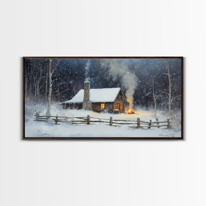 Rustic Cabin in Snow Framed Canvas Print, Cozy Winter Wonderland Art, Best Gift Idea for Christmas Wall Art, Vintage Holiday Decor
