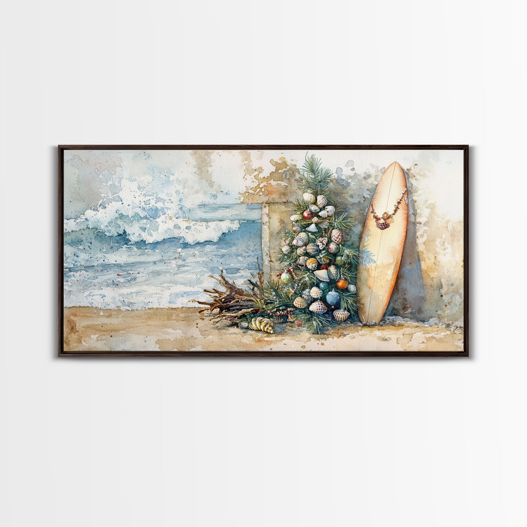 Coastal Christmas Scene Surfboards Christmas Tree Framed Canvas Print, Beach Holiday Decor Wall Art With Surfing Theme