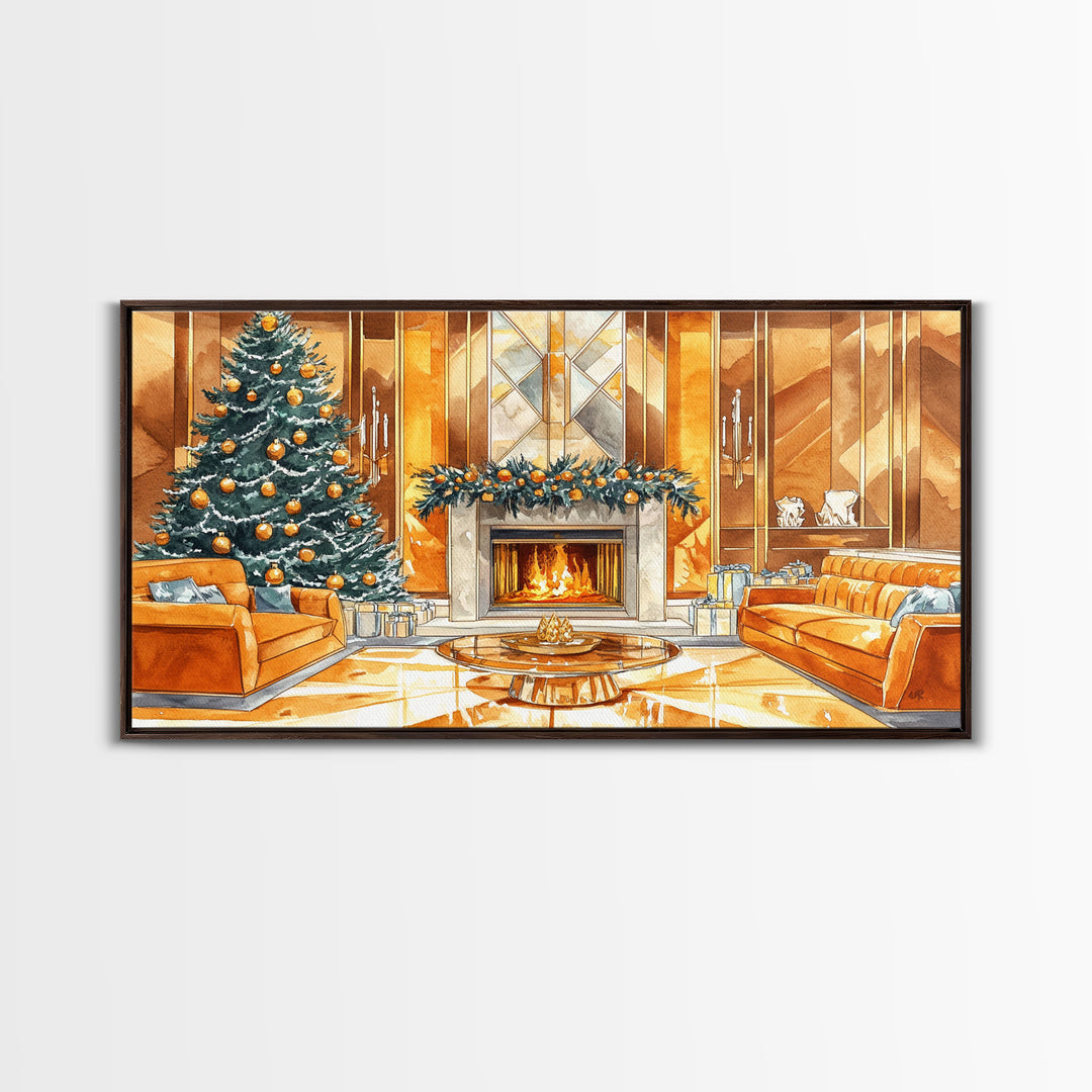 Luxurious Christmas Living Room Framed Canvas Print, Golden Holiday Decor with Christmas Tree and Fireplace Winter Wall Art