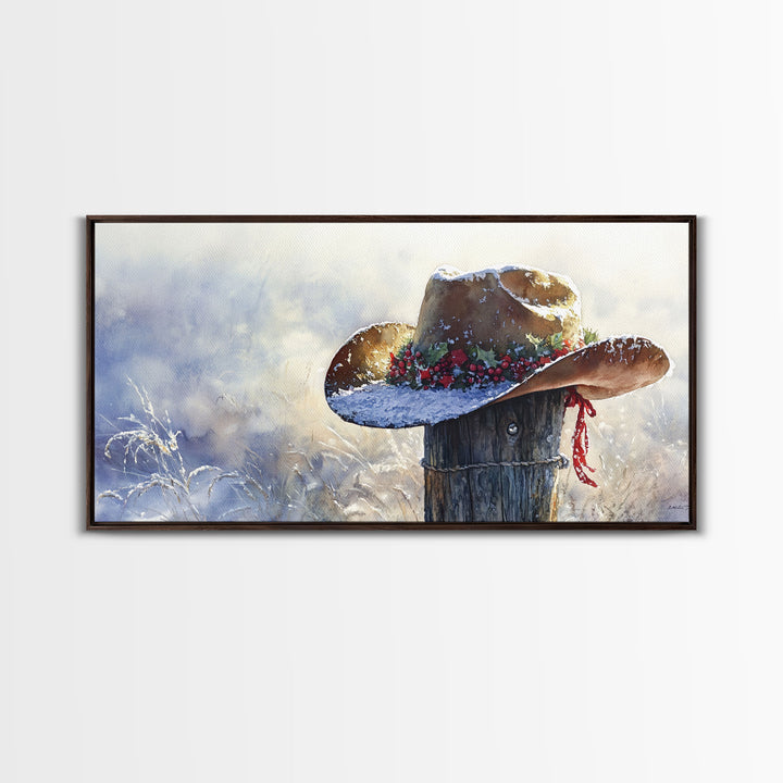 Rustic Cowboy Christmas Hat Framed Canvas Print, Snow-Covered Country Holiday Decor with Wreath on Fence Perfect Winter Art