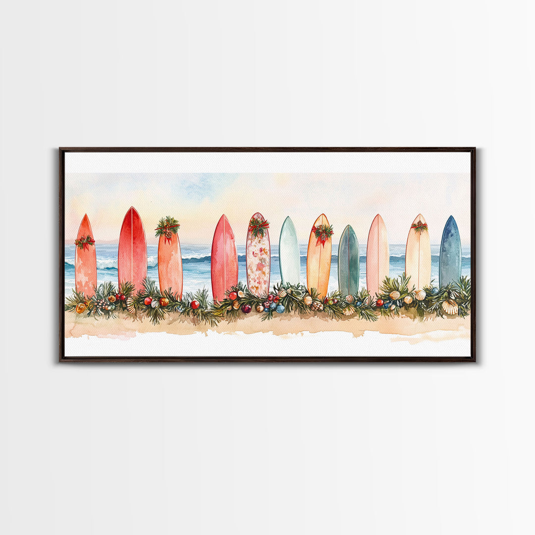 Surfboard Christmas Decor Framed Canvas Print, Coastal Holiday Scene with Festive Garland and Beachy Vibes Tropical Christmas Art