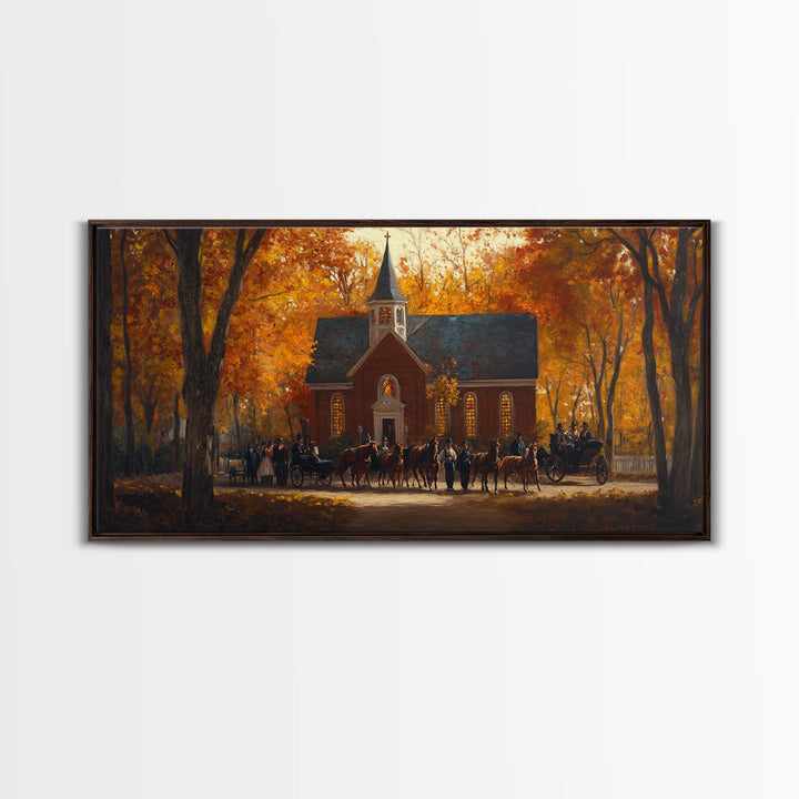 Beautiful Country Church in Autumn Scene Framed Canvas Print Fall Art, Rustic Autumn Church Scene, Vintage Wall Art Home Decor