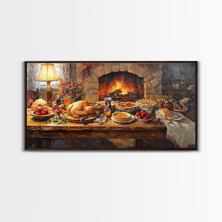 Cozy Thanksgiving Feast by Fireplace Framed Canvas Print Seasonal Wall Art, Rustic Fall Decor, Harvest Celebration Art Print for Home
