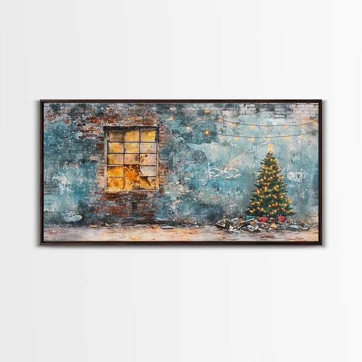 Rustic urban Christmas wall art with a glowing window and decorated tree, framed canvas print perfect seasonal decor, winter holiday display
