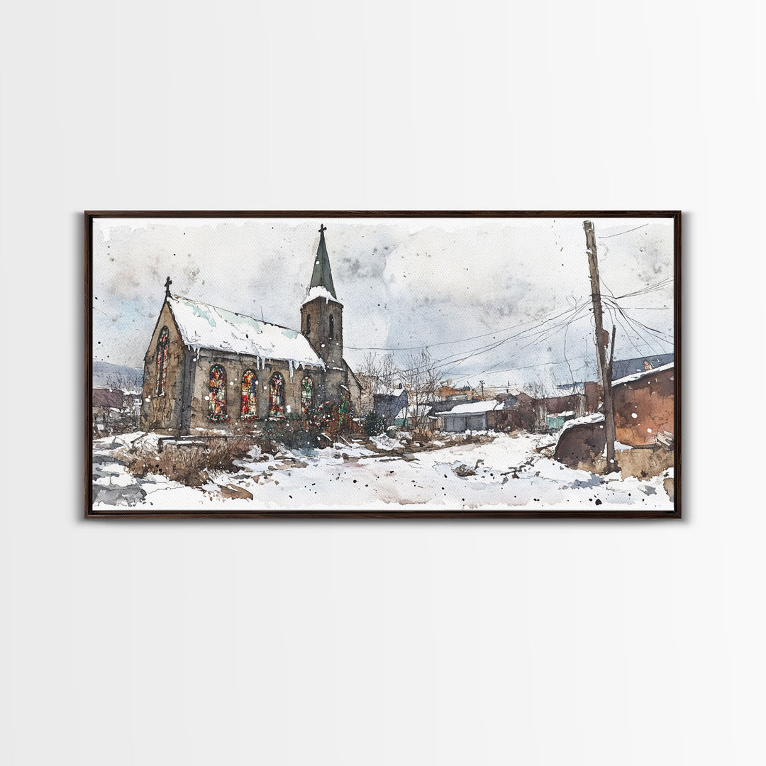 Snowy church scene framed canvas print, stained glass church in winter with snow-covered rooftops, perfect Christmas or holiday art display