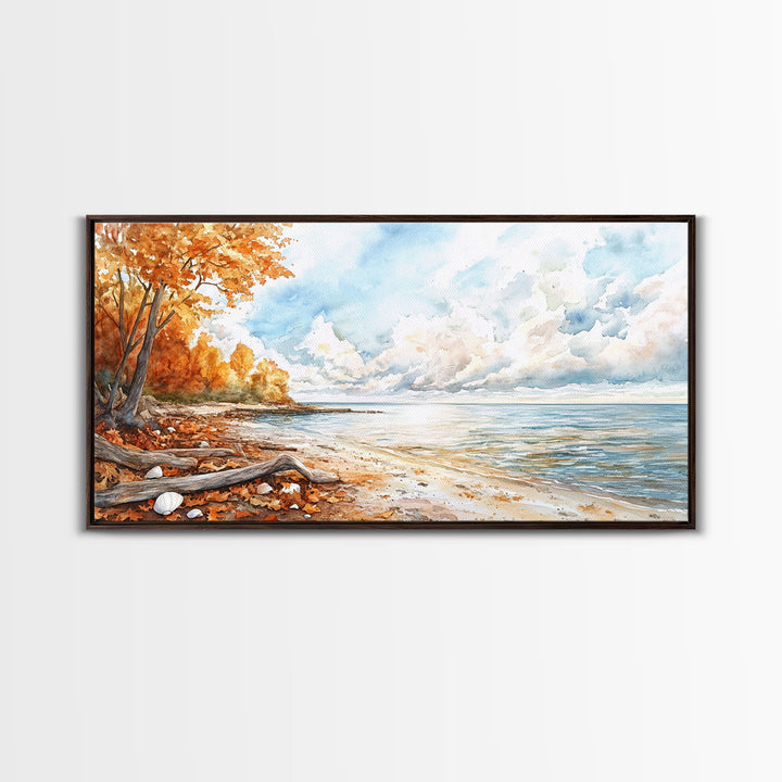 Autumn beach scene with colorful trees and calm waters, framed canvas print, perfect fall or autumn seasonal decor wall art