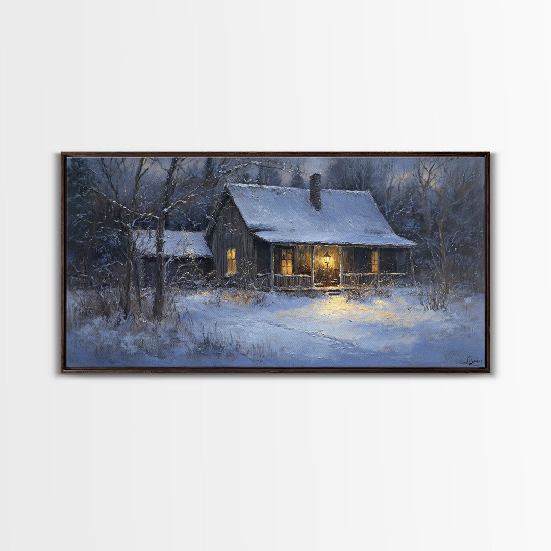 Cozy Winter Cabin Scene Framed Canvas Print with Snowy Landscape, Christmas Wall Art, Rustic Winter Scene, Vintage Seasonal Wall Decor