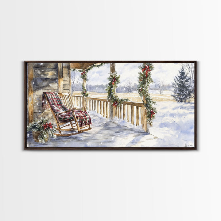 Snowy porch scene with wreaths and holiday greenery, framed canvas print, cozy winter Christmas decor perfect holiday wall display