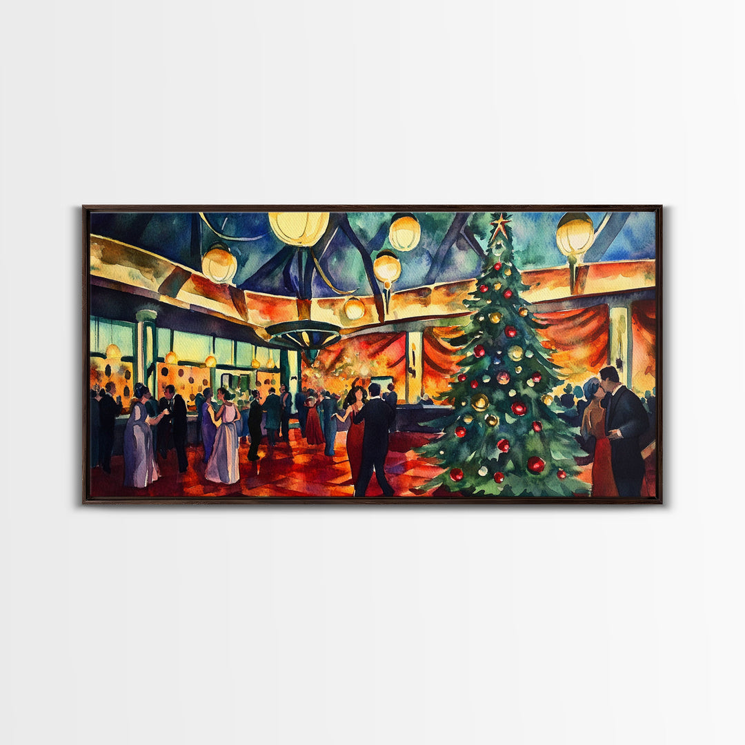 Elegant ballroom Christmas tree with dancing couples, framed canvas print vibrant holiday party decor perfect seasonal wall art