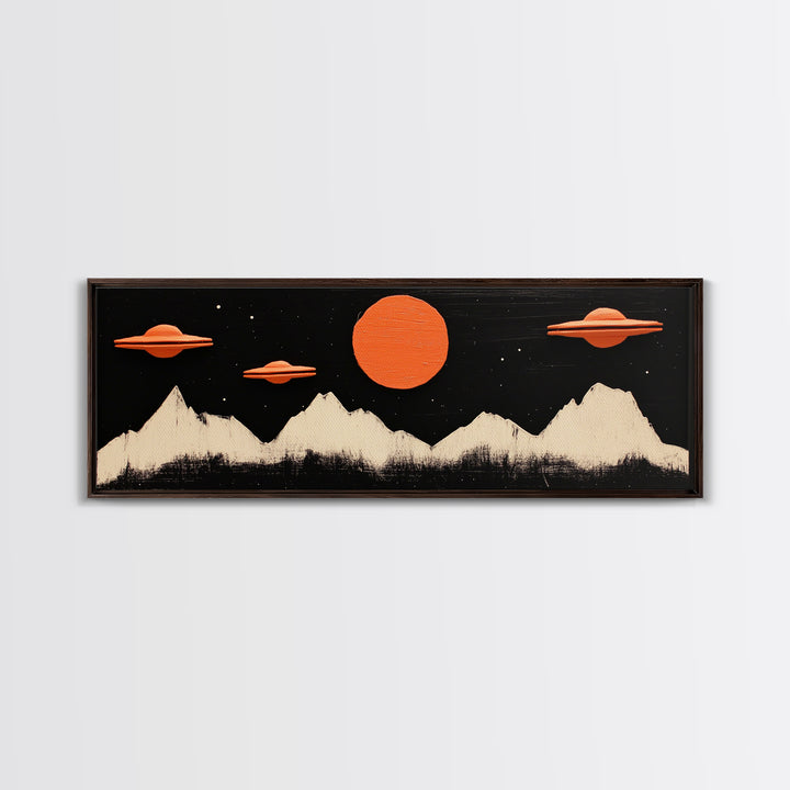 Cute  Nursery Decor - Boy's Room Wall Art - Panoramic Flying Saucers or UFOs Art Print - Framed Canvas