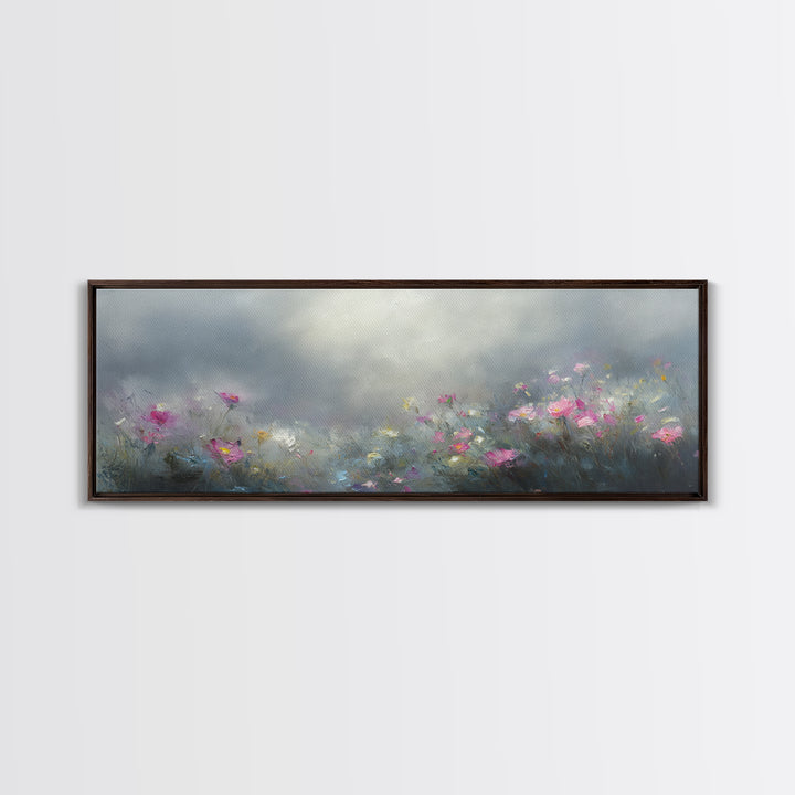Moody Wild Flowers Under a Cloudy Sky, Panoramic Framed Canvas Print, Nature Decor, Boho Floral Wall Art, Flower Painting Gift For Her