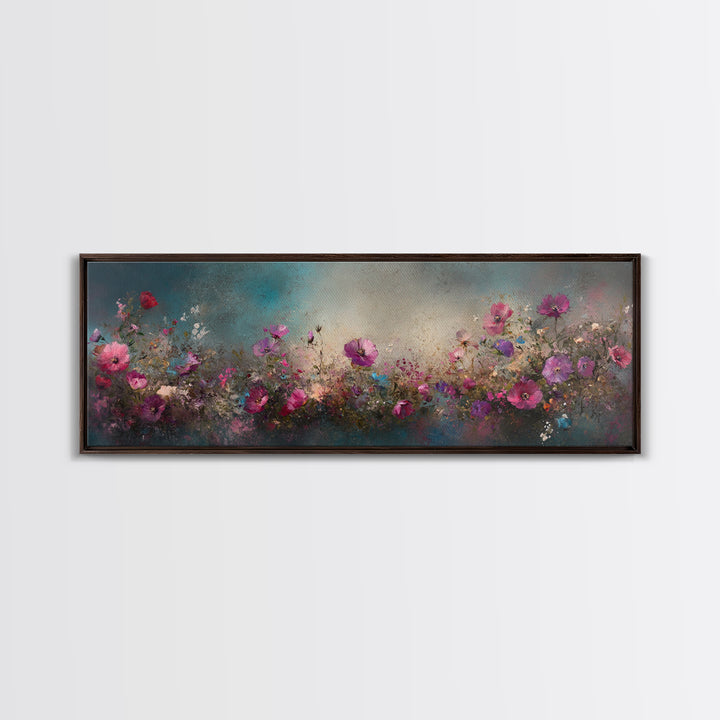 Abstract Pink Flower Painting Print, Wood Framed Wall Art, Flowers Wall Art, Vintage Landscape Wildflowers Painting