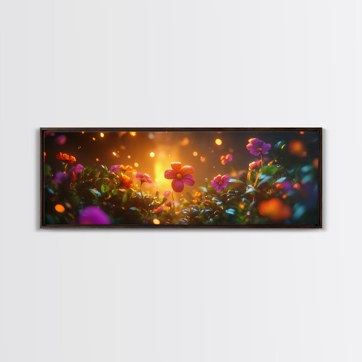 Beautiful 3D Rendered Flower Canvas Print, Wild Flowers In The Morning Dew at Sunset, Panoramic Extra Wide Wall Art