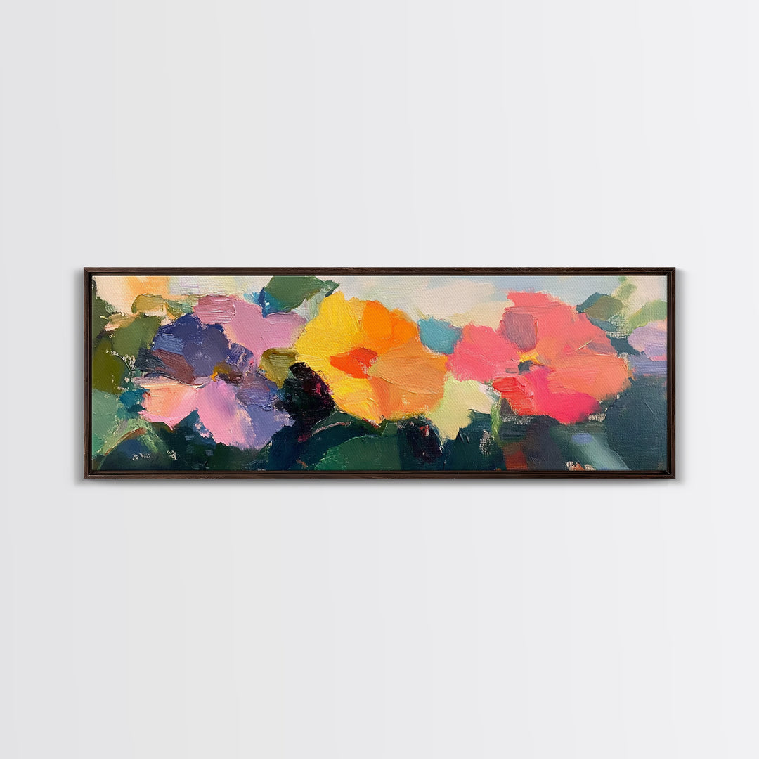 Abstract Flowers Panoramic Painting Print, Oil Painting Wood Framed Canvas Print, Boho Modern Art, Modern Farmhouse Decor