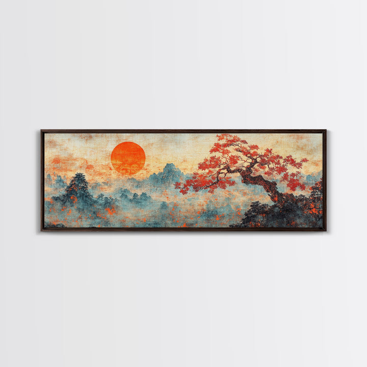 Maple Tree At Sunset With Red Leaves, Japanese Vintage Style Wall Art, Panoramic Painting Print, Woodblock Print, Boho Wall Decor