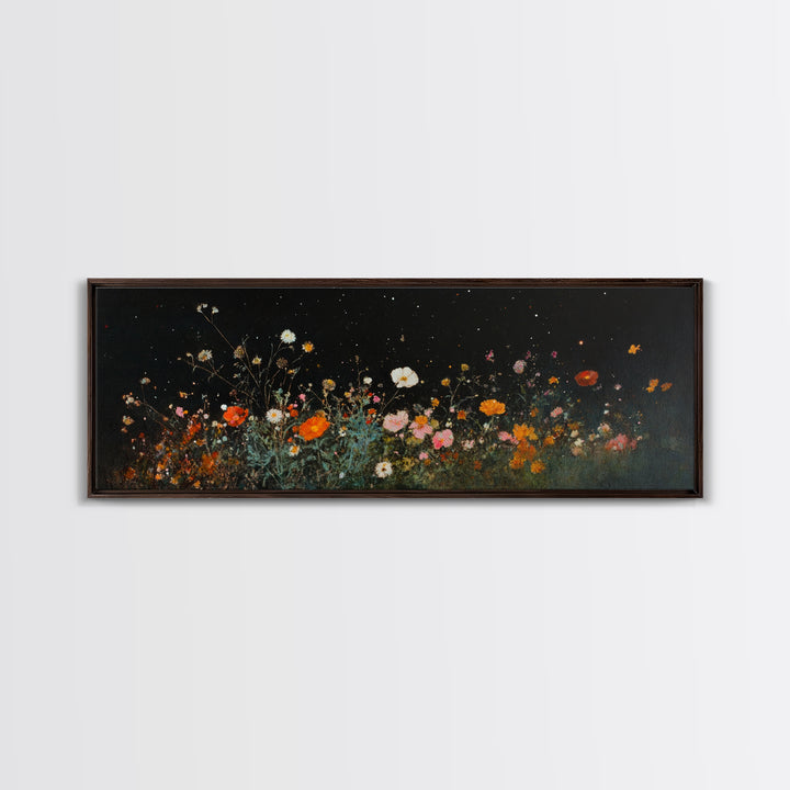 Dark & Moody Wild Flowers Under a Full Moon, Framed Canvas Print, Panoramic Extra Wide Wall Art, Oversized Home Decor