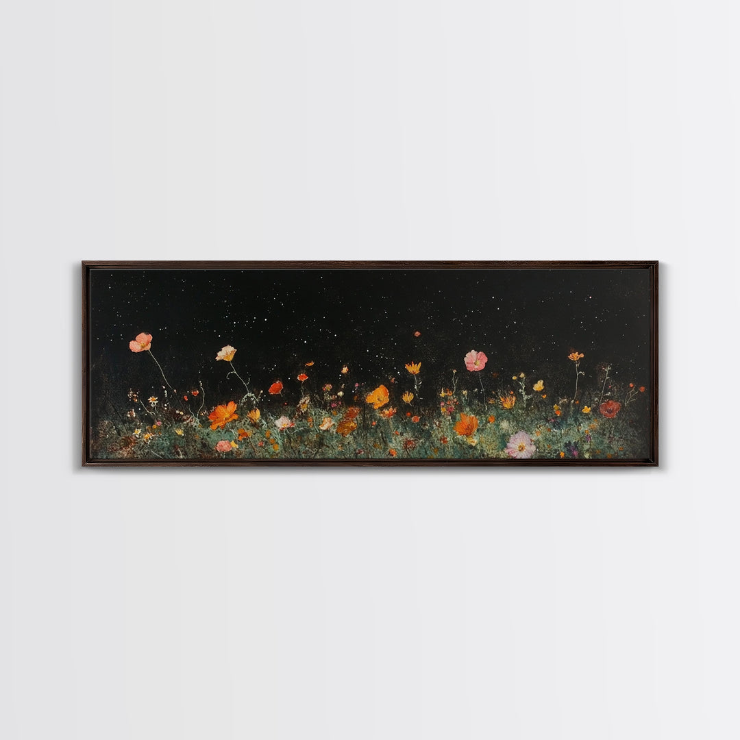 Dark & Moody Wild Flowers Under a Full Moon, Framed Canvas Print, Panoramic Extra Wide Wall Art, Oversized Home Decor, Modern Farmhouse Art