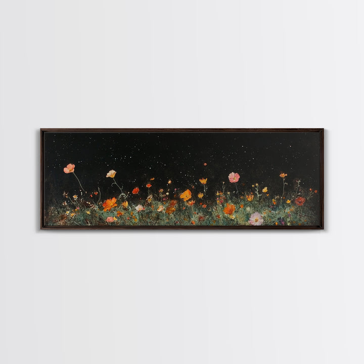 Dark & Moody Wild Flowers Under a Full Moon, Framed Canvas Print, Panoramic Extra Wide Wall Art, Oversized Home Decor, Modern Farmhouse Art