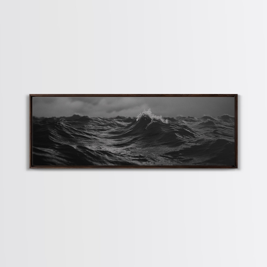 Black and White Ocean Photography Style Print, Panoramic Wall Art, Wood Framed Canvas Art, Seascapes, Nautical Decor