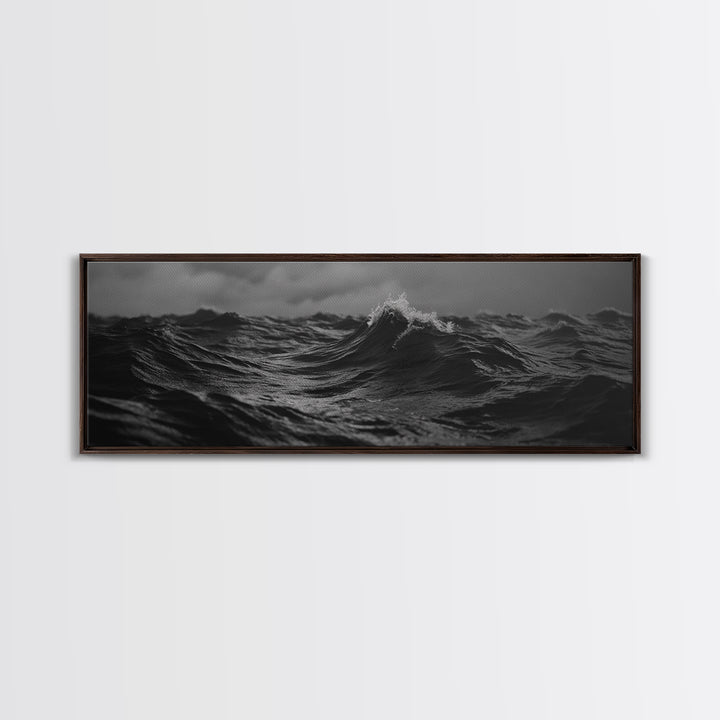 Black and White Ocean Photography Style Print, Panoramic Wall Art, Wood Framed Canvas Art, Seascapes, Nautical Decor