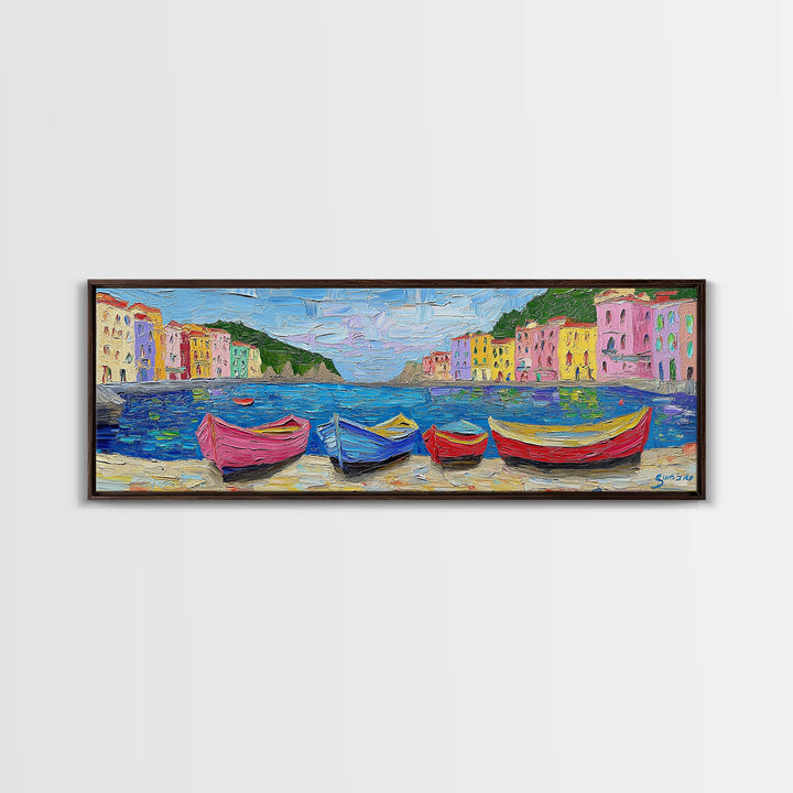 Pastel Row Boats in an Italian Fishing Village, Framed Canvas Print, Original Artwork, Retro Italy Painting, Impasto Style Print