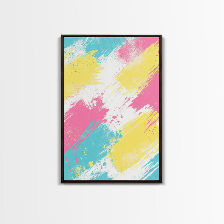 Brush Strokes On Canvas Print, Wood Framed Wall Art, Preppy Dorm Room Decor, Pink Turquoise and Yellow on White Background Wall Art