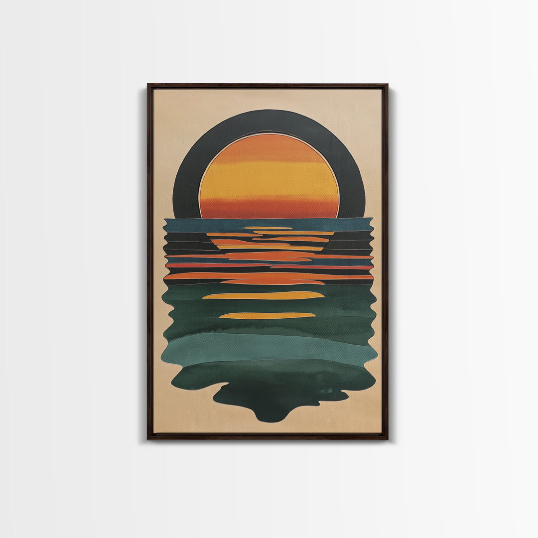 Art Deco Sunset Over The Ocean, Minimalist Home Decor Canvas Print, Emerald Green Ocean With Sunrise, Boho Art