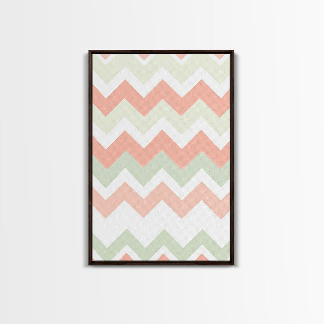 Pink and Mint Green Chevrons, MCM style Mid Century Modern Home Decor, Framed Canvas Print, Whimsical Wall Art