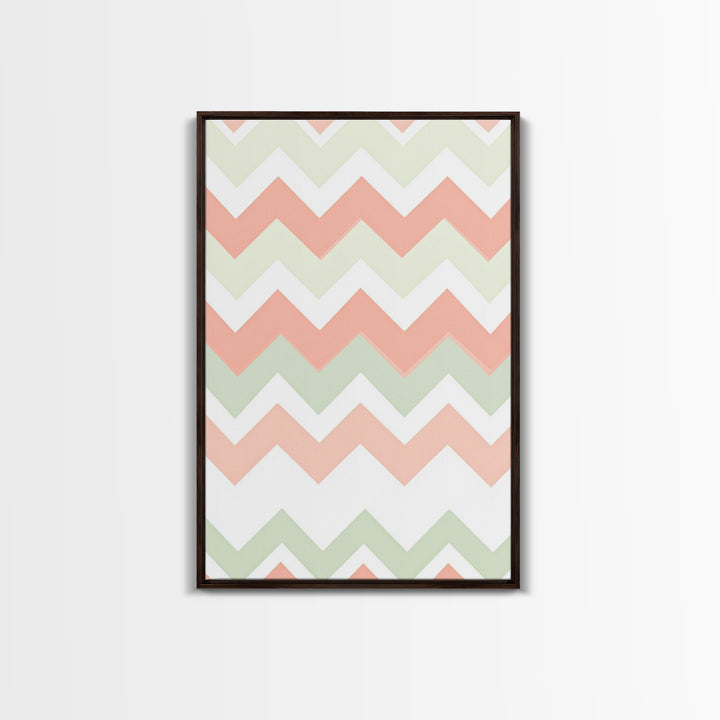 Pink and Mint Green Chevrons, MCM style Mid Century Modern Home Decor, Framed Canvas Print, Whimsical Wall Art