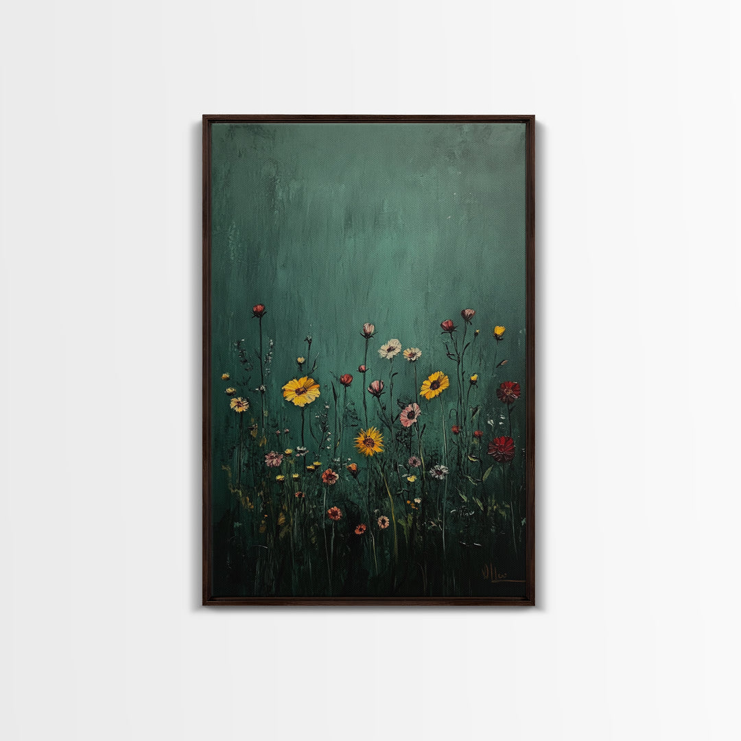 Wildflower Print, Oil Painting Flower Canvas Print Boho Botanical Wall Art, Dark and Moody Home Decor, Minimalist Bouquet