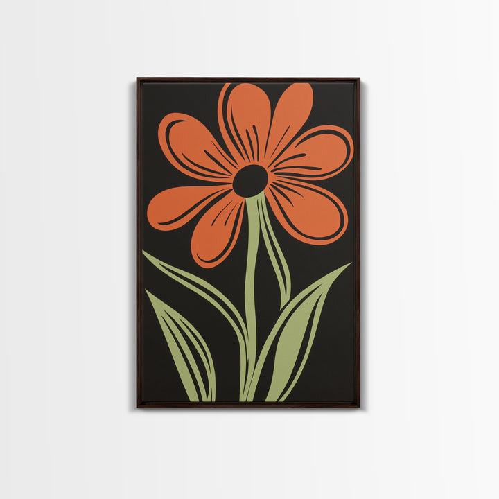 Orange Daisy with Black Background, Framed Canvas Print, Cute Floral Print, Botanical Minimalist Home Decor