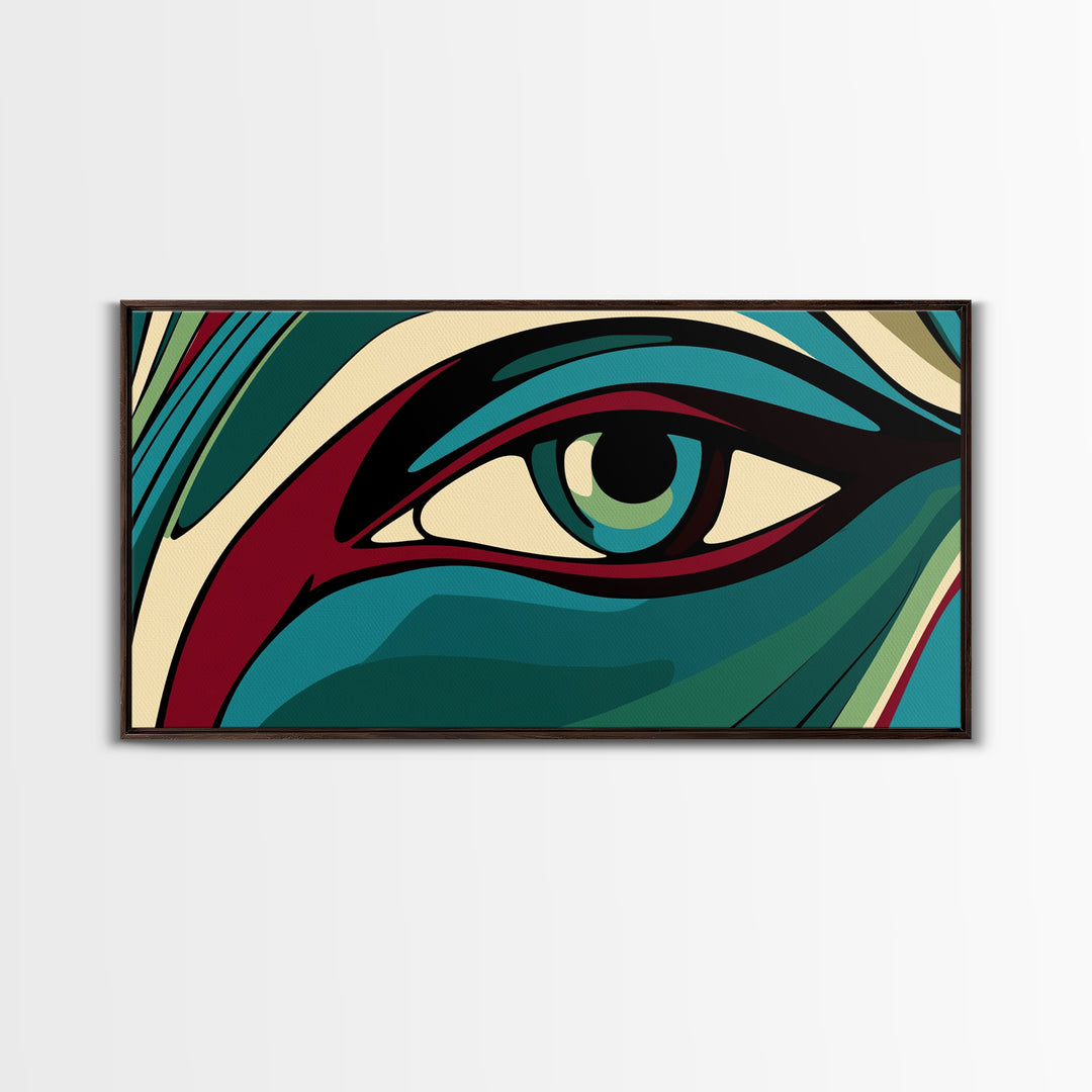 Abstract Painting of a Human Eye Framed Canvas Print, Retro Art Deco Style Art, Eclectic Decor, Kitsch Wall Art
