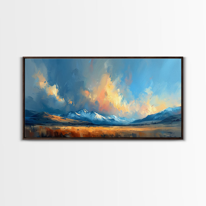 Panoramic Mountain Landscape Painting Print, Oil Painting Of Wyoming Mountains, Antique Style Art Print, Walnut Frame Art