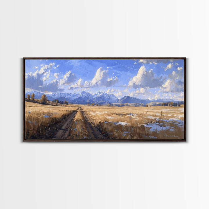 Dirt Roads of Wyoming Framed Canvas Print, Oil Painting Print, Panoramic Extra Wide Large Format Living Room Wall Decor