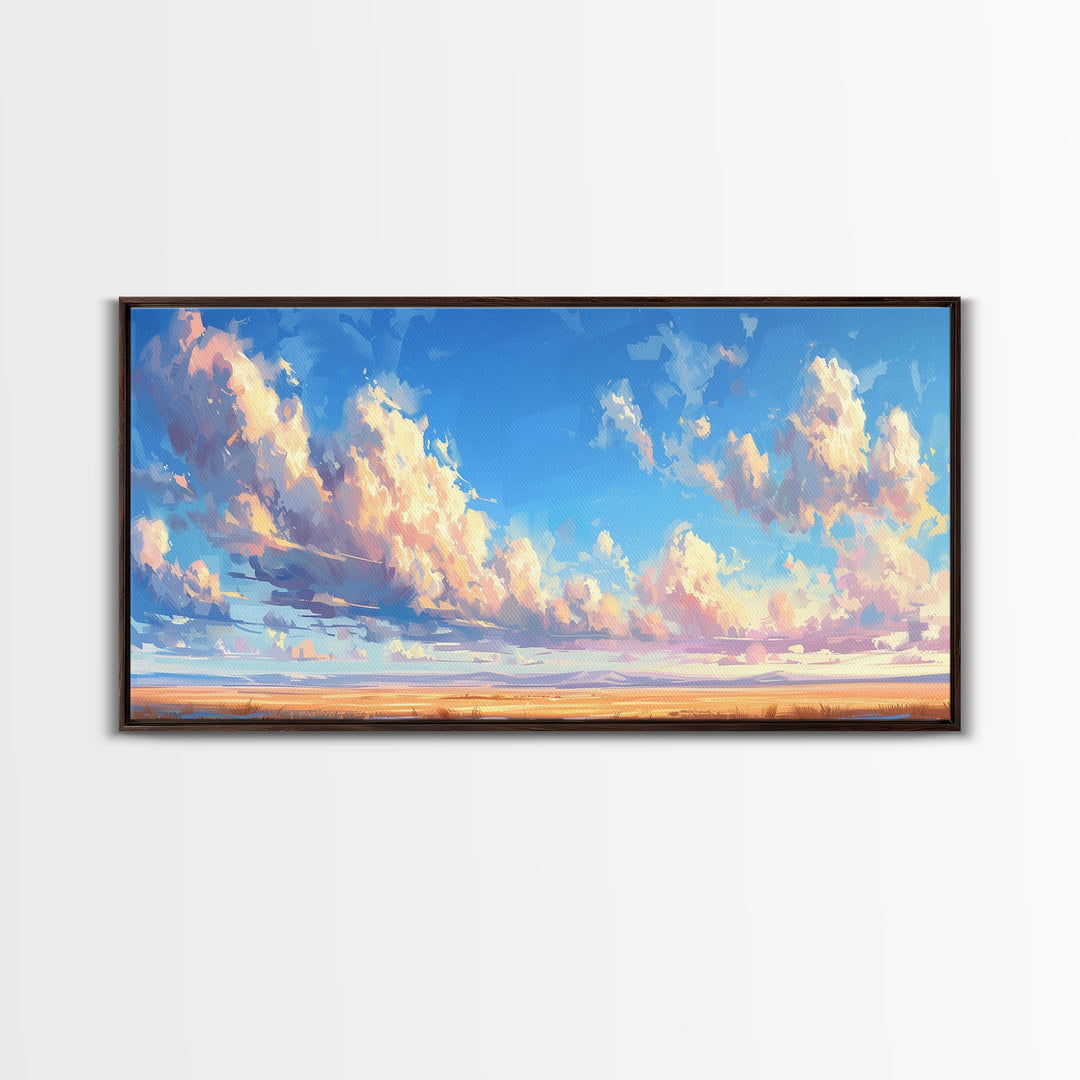Panoramic Oil Painting Print of A Cloudy Sky Framed Canvas Print, Boho Minimalist Home Decor, Guest Room Wall Art