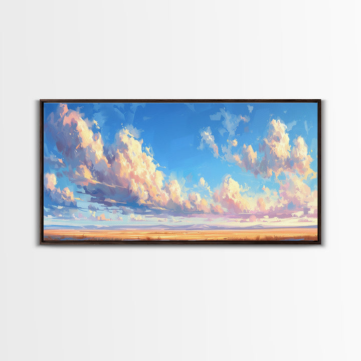 Panoramic Oil Painting Print of A Cloudy Sky Framed Canvas Print, Boho Minimalist Home Decor, Guest Room Wall Art