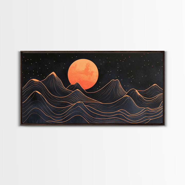 Art Deco Style Abstract Art, Orange Blood Moon Over Mountain Landscape, Retro Home Decor