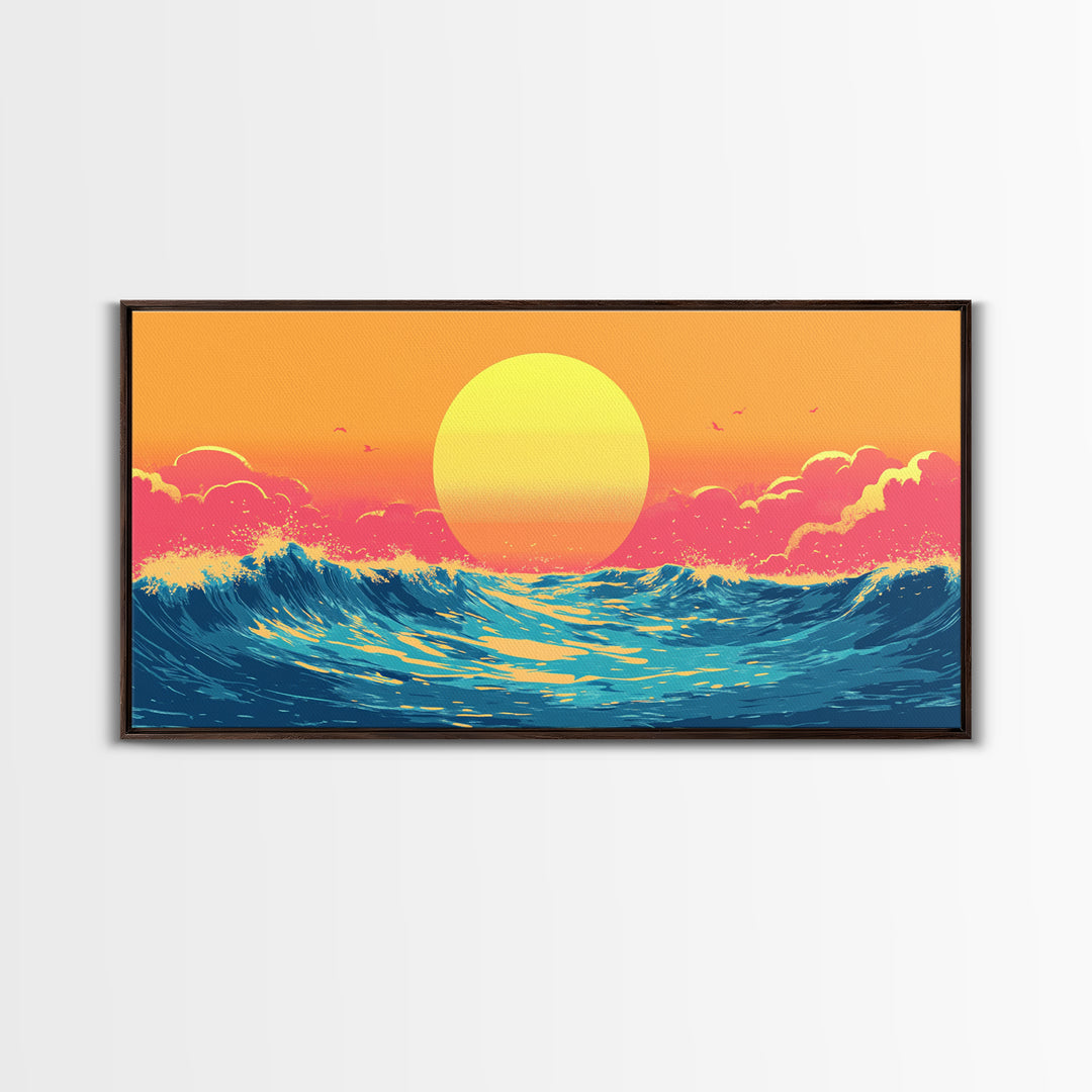 Retro Sunset Over The Ocean, Framed Canvas Print, Beautiful Synthwave Horizontal Wall Art