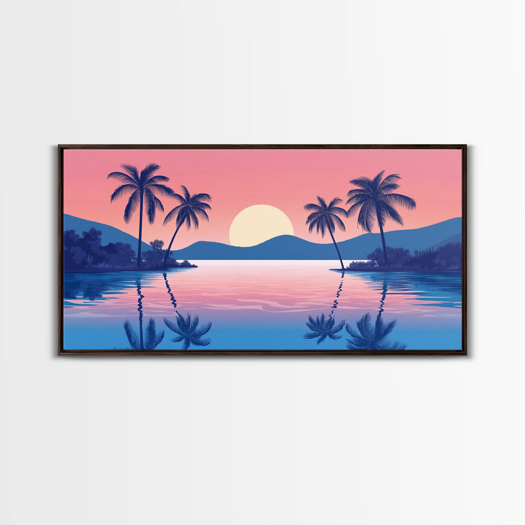 Abstract Vaporwave Sunset Over A Beach Landscape, Framed Canvas Print, Modern Art, Unique Wall Decor, Framed Canvas Art