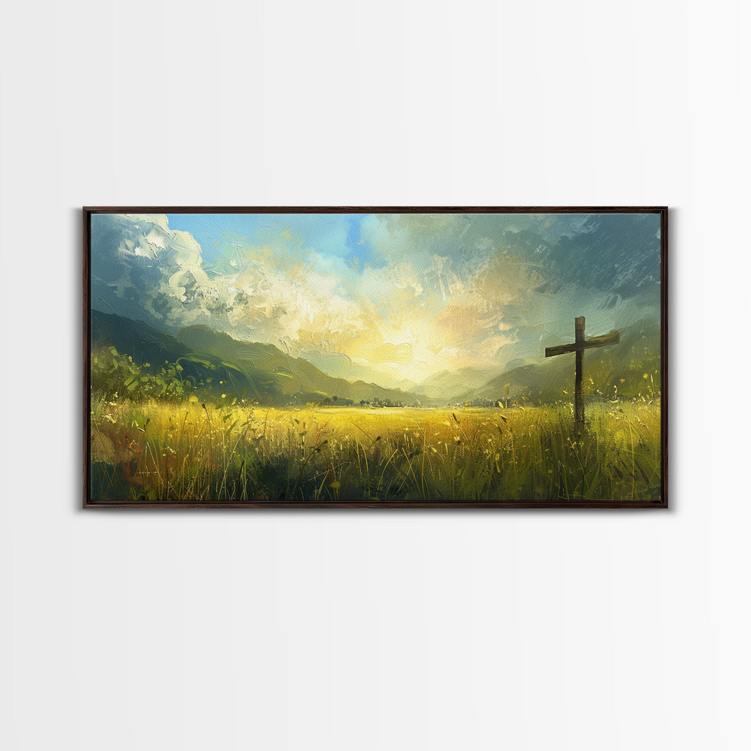 Cross In a Field Of Grass Framed Canvas Print, Christian Wall Art, Landscape Painting, Faith Decor, Cross Painting