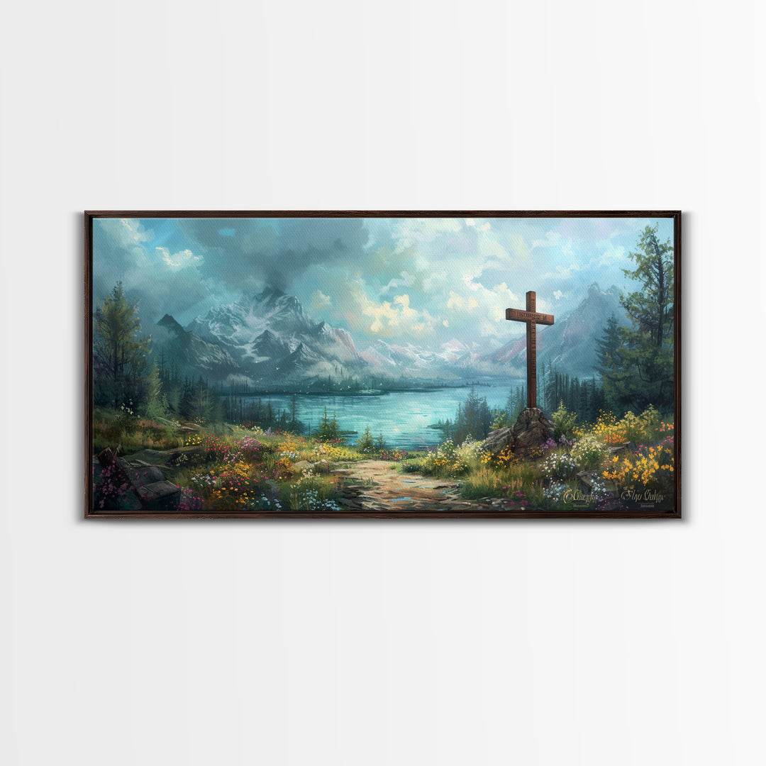 Cross In The Mountains Framed Canvas Print, Christian Faith Wall Art, Beautiful Landscape Painting