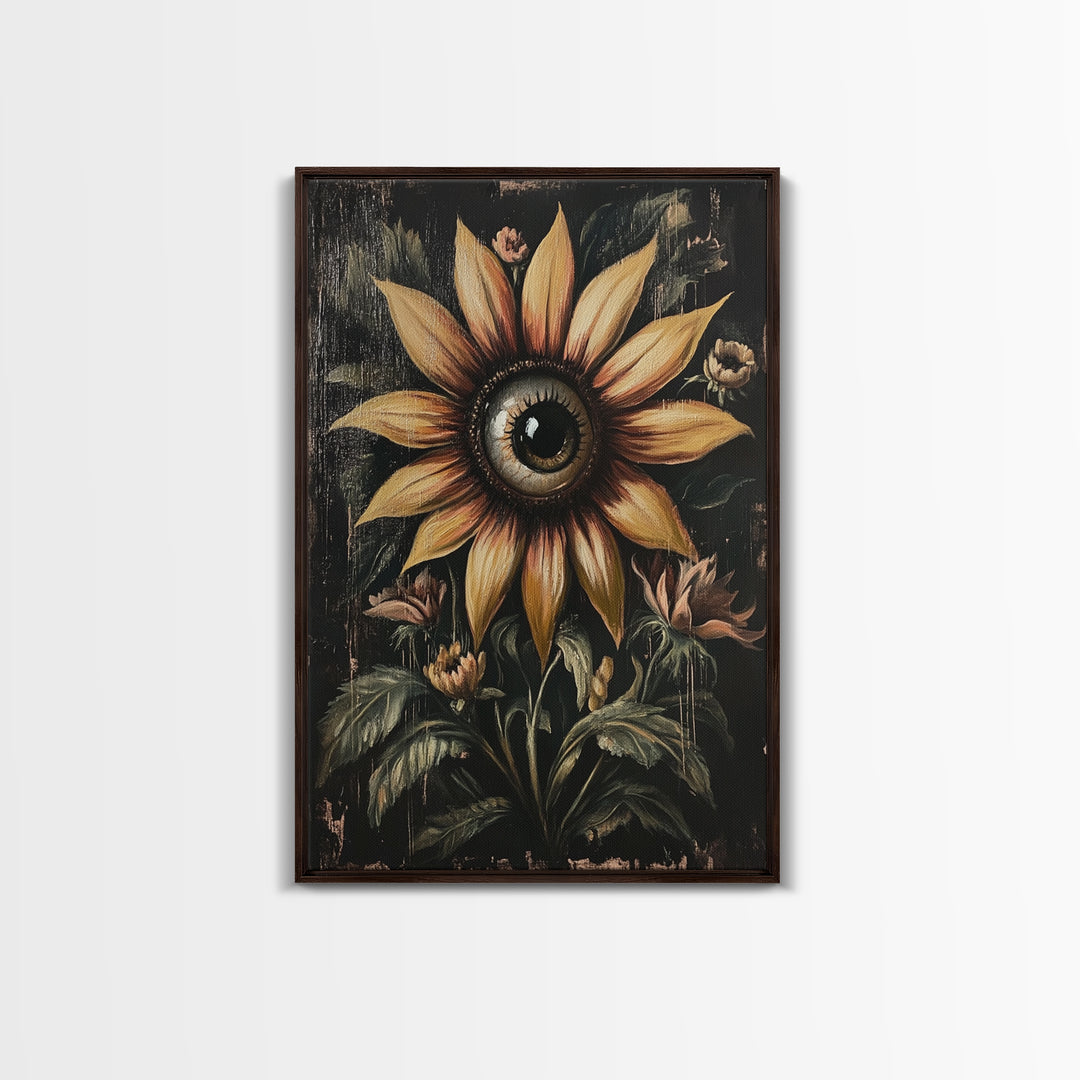 Cyclops Sunflower Framed Canvas Print - Spooky Home Decor - Halloween Wall Art - Dark Academia Macabre Wall Art Goth Botanical Art