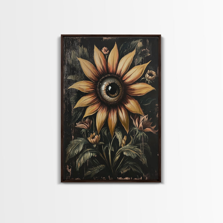 Cyclops Sunflower Framed Canvas Print - Spooky Home Decor - Halloween Wall Art - Dark Academia Macabre Wall Art Goth Botanical Art