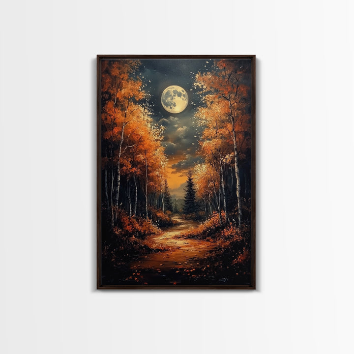 Full Moon Over a Haunted Forest, Framed Canvas Print, Wood Framed Wall Art, Dark Academia Witchy Decor