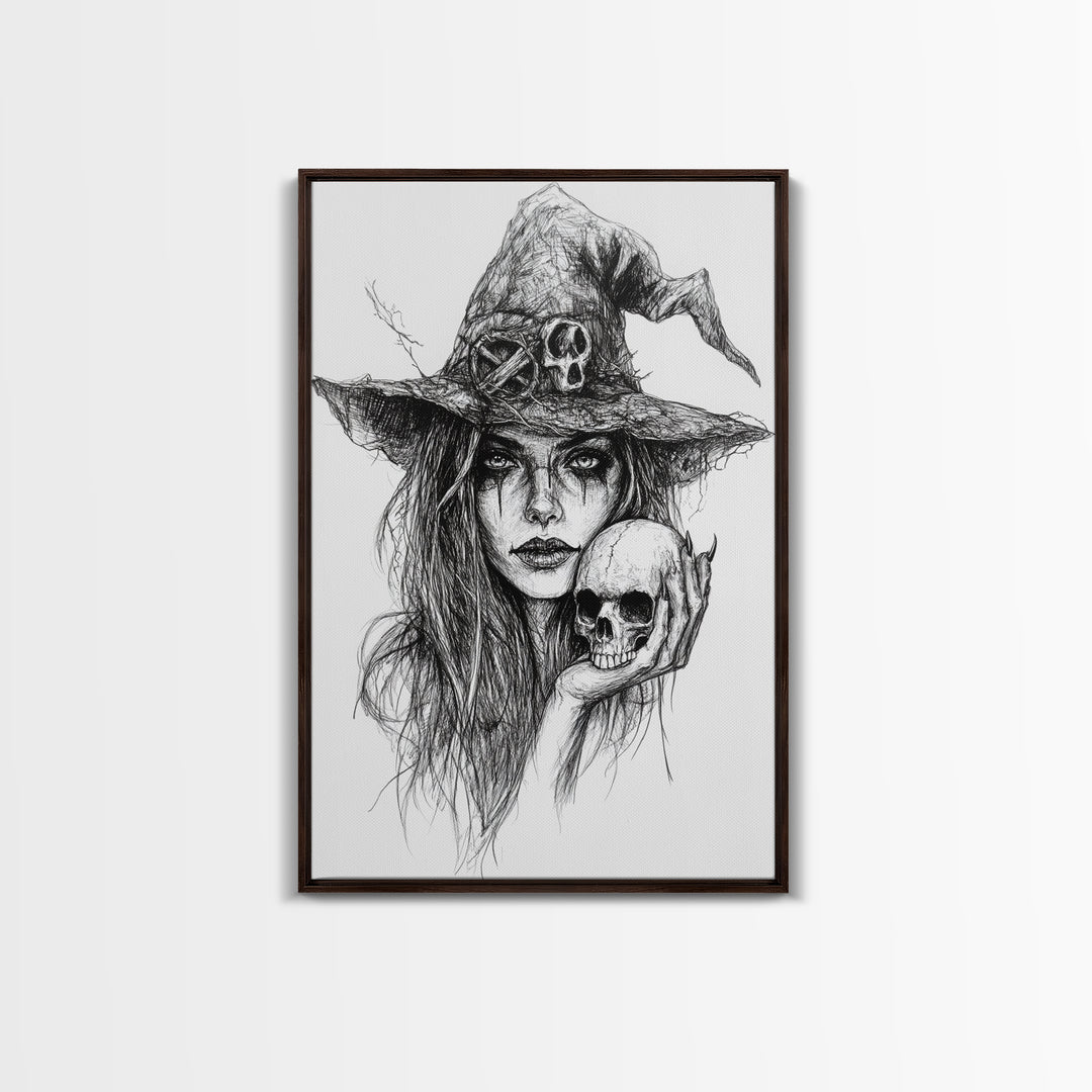 Charcoal Sketch Portrait Of a Witch Canvas Print, Dark Academia Wall Art, Moody Decor, Macabre Home Decor, Witchy Wall Art, Halloween Art