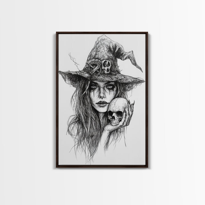 Charcoal Sketch Portrait Of a Witch Canvas Print, Dark Academia Wall Art, Moody Decor, Macabre Home Decor, Witchy Wall Art, Halloween Art