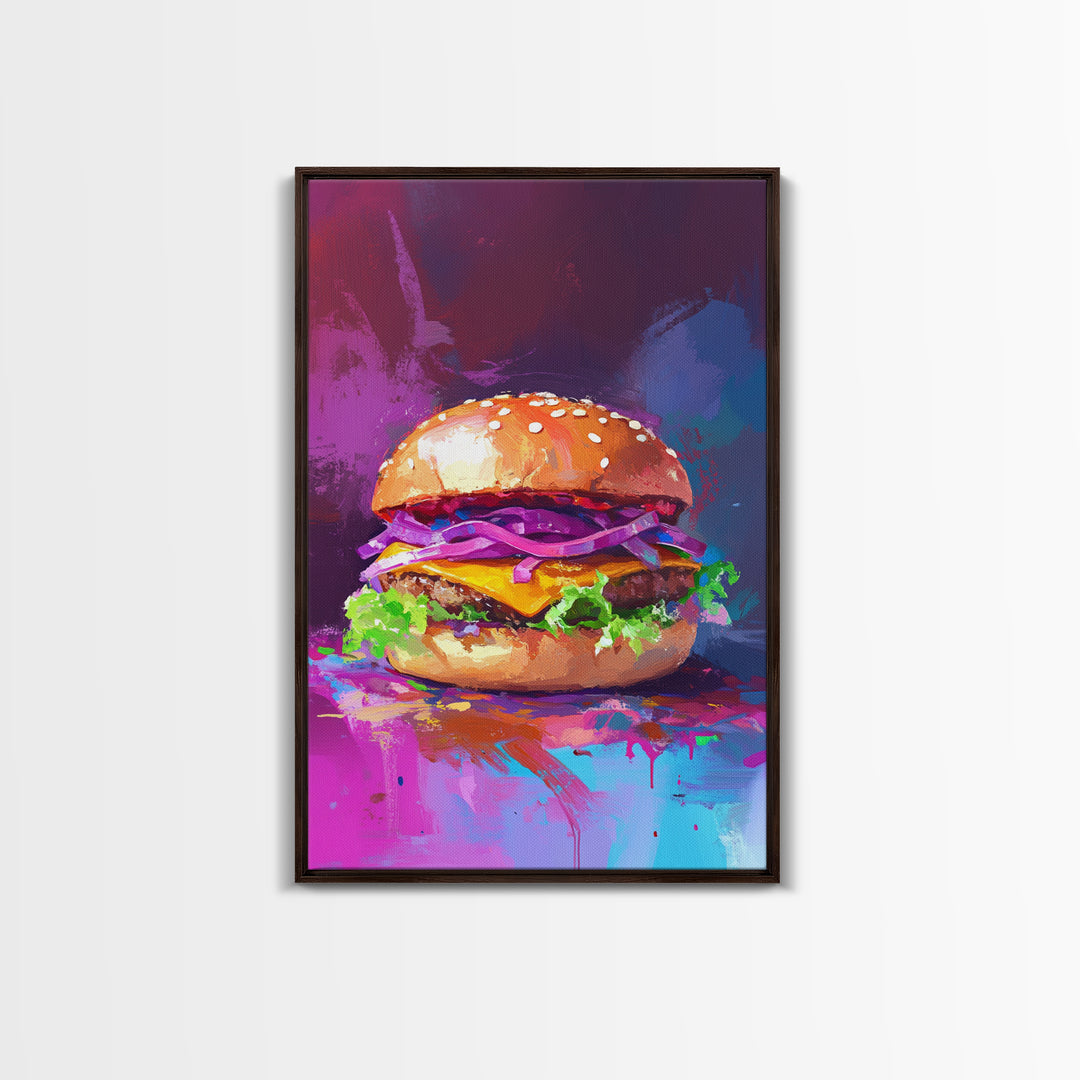 Cheeseburger Oil Painting Canvas Print, Hamburger Wall Art, Kitchen Painting, Kitchen Wall Art, Food Print, Restaurant Decor