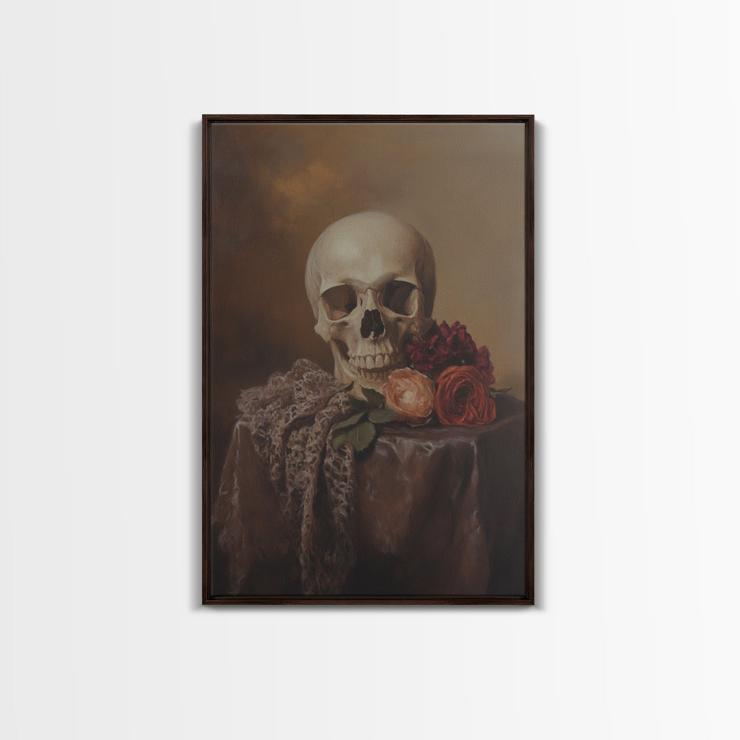 Dark Macabre Wall Art, Framed Canvas Print, Still Life Of a Skull and Roses, Dark Academia Decor, Halloween Art, Halloween Painting, Goth Art