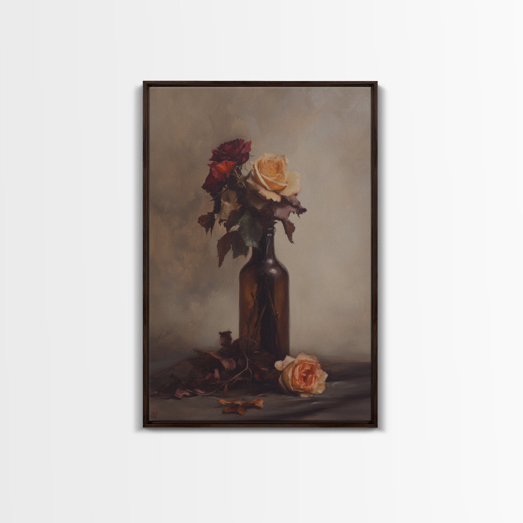 Roses in a Wine Bottle Oil Painting Print, Still Life of Roses, Rose Painting, Rose Art, Moody Decor, Subdued Art
