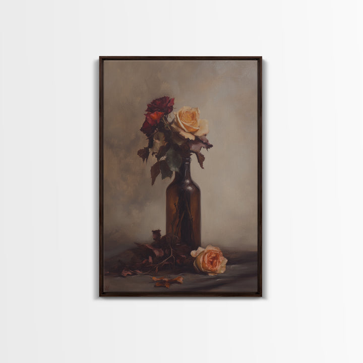 Roses in a Wine Bottle Oil Painting Print, Still Life of Roses, Rose Painting, Rose Art, Moody Decor, Subdued Art